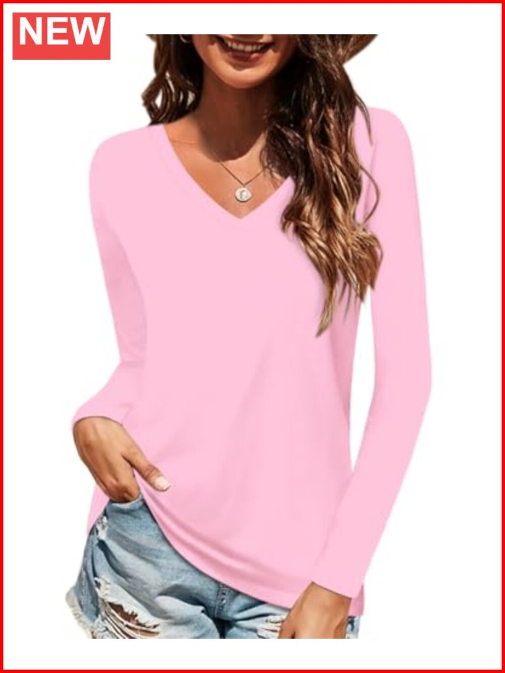 Women's Cotton V Neck Long Sleeve T Shirt Casual Basic Tee